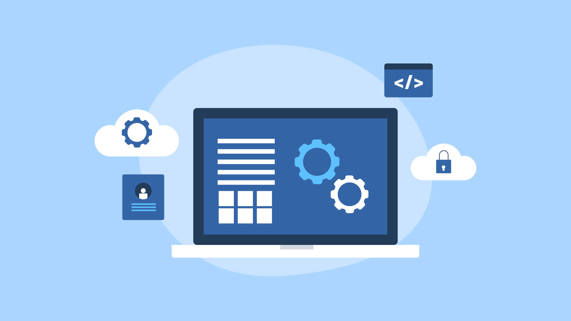 Laptop illustrations representing CMS and security