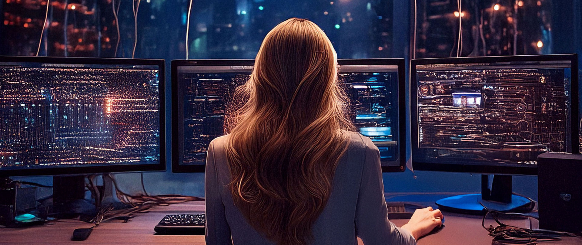 Back-facing specialist in front of monitor view