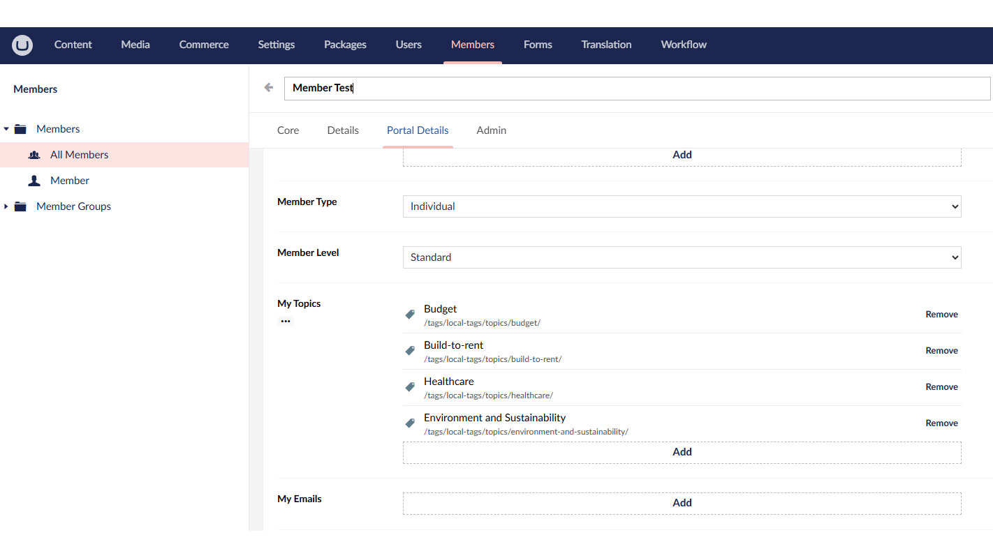 Member Details Updated dashboard in the Umbraco CMS