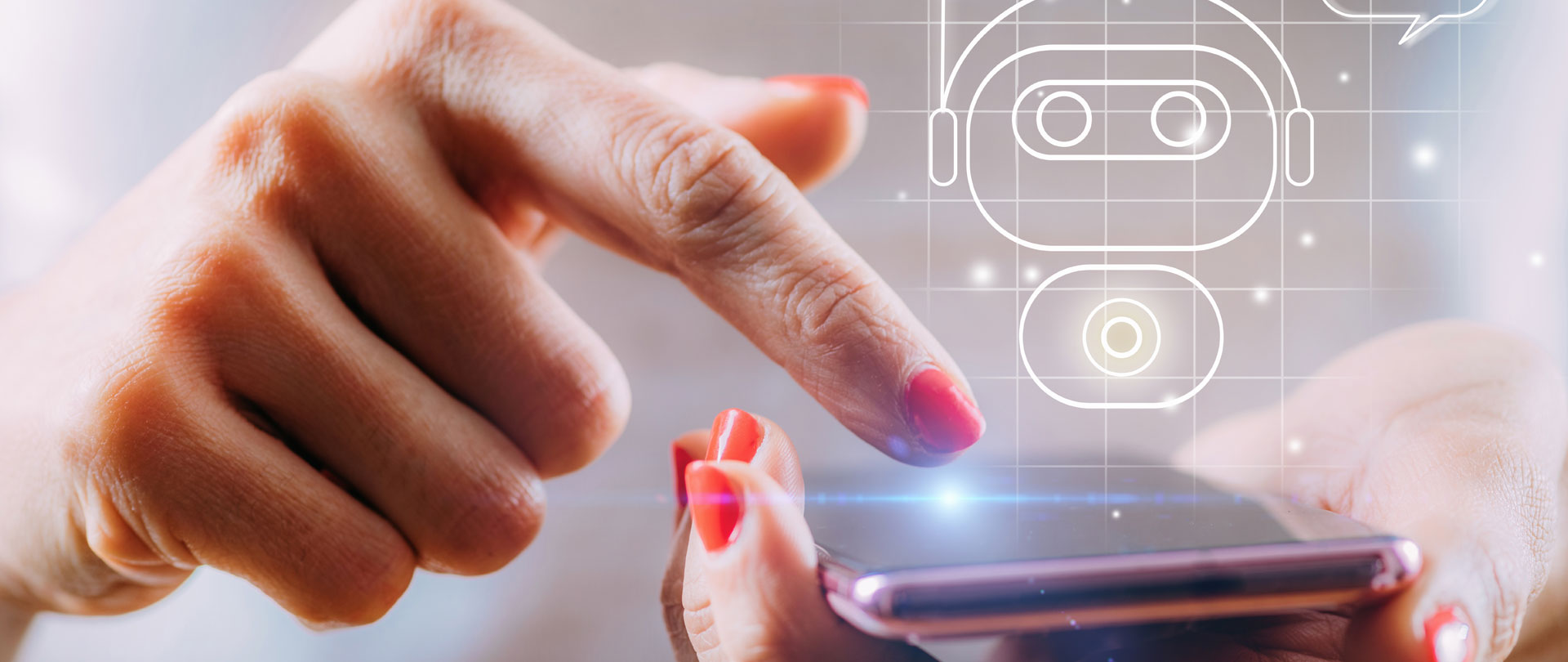 a hand holding a phone and a chatbot image floating above